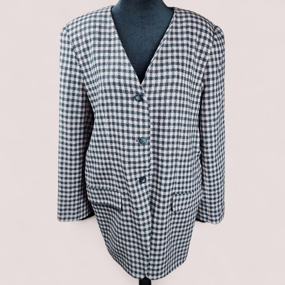 CHAUS | Classic Grey‎ Pink Plaid Wool Longline Three-Button Lined Blazer | 14